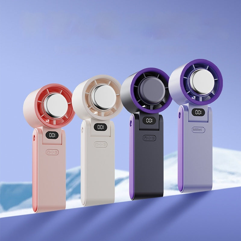 Four handheld fans in different colors on a gradient blue and white background