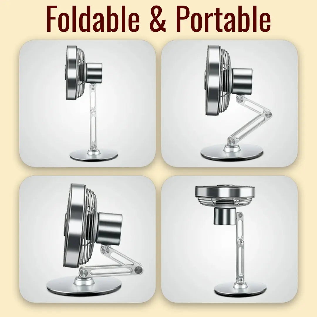 Foldable and portable fan with four different angles on a beige background