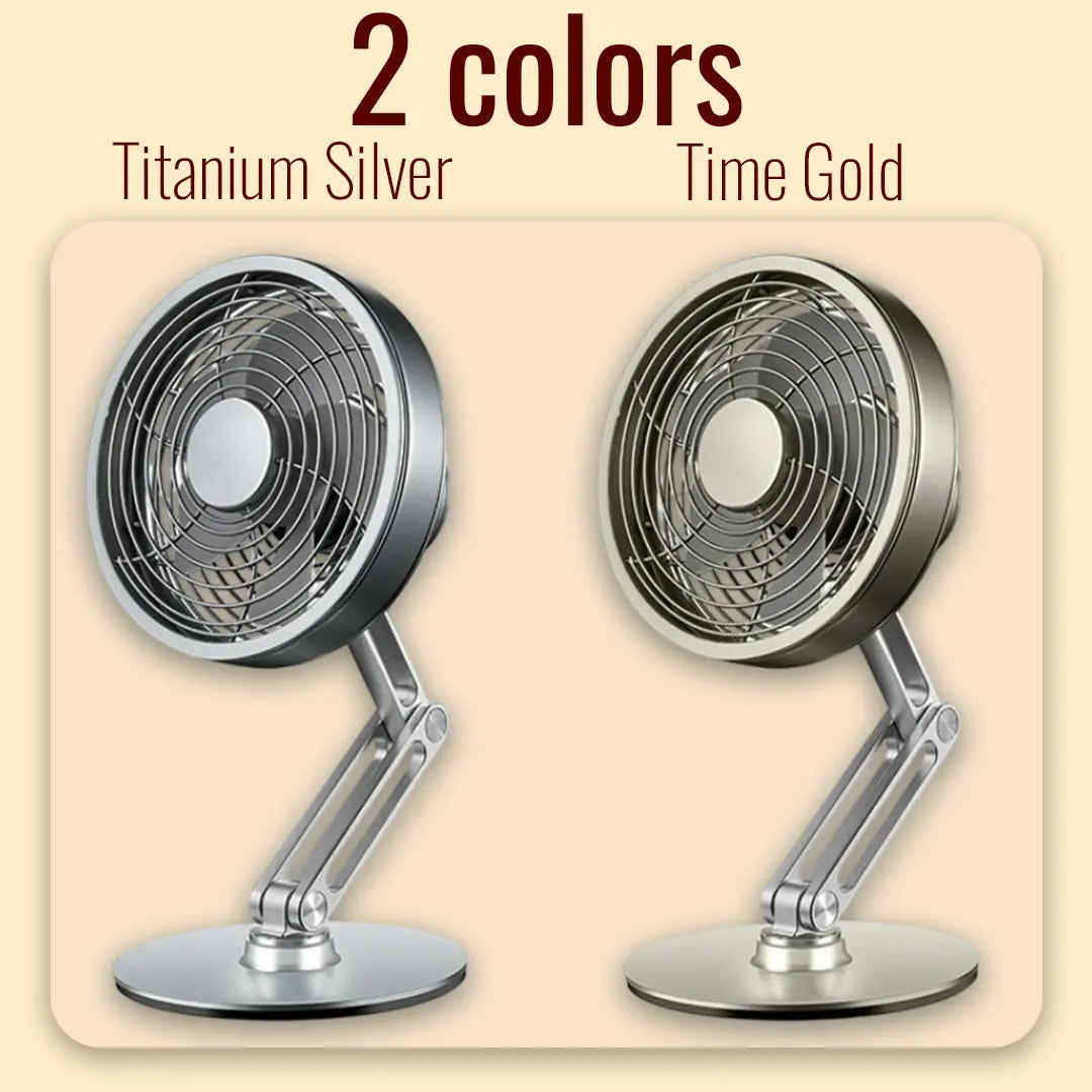 Two desk fans in Titanium Silver and Time Gold on a beige background