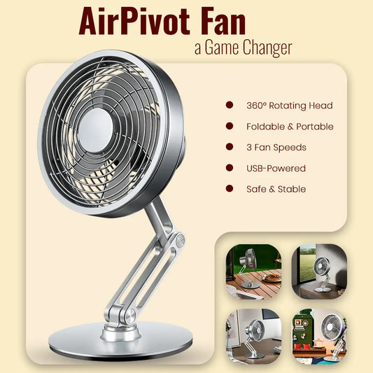 Air Pivot Fan with features listed on a beige background