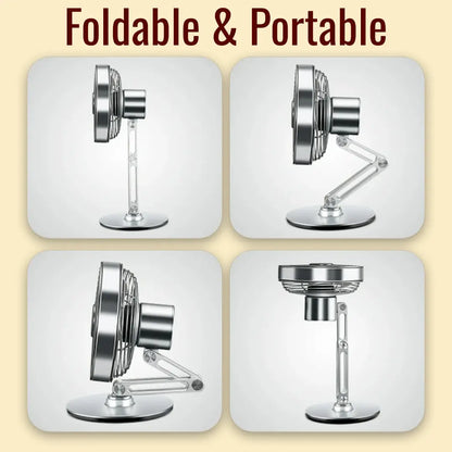 Foldable and portable fan with four different angles on a beige background