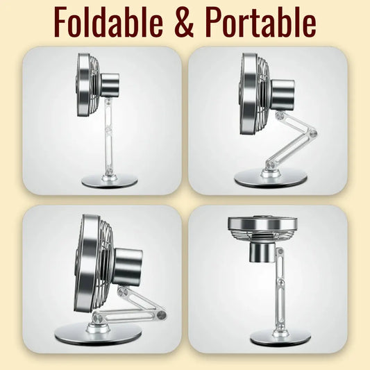 Foldable and portable fan with four different angles on a beige background