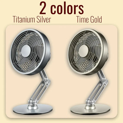 Two desk fans in Titanium Silver and Time Gold on a beige background