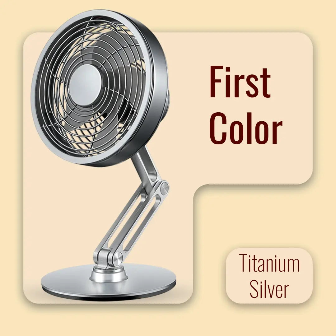 Metallic desk fan with 'First Color Titanium Silver' label on a beige background